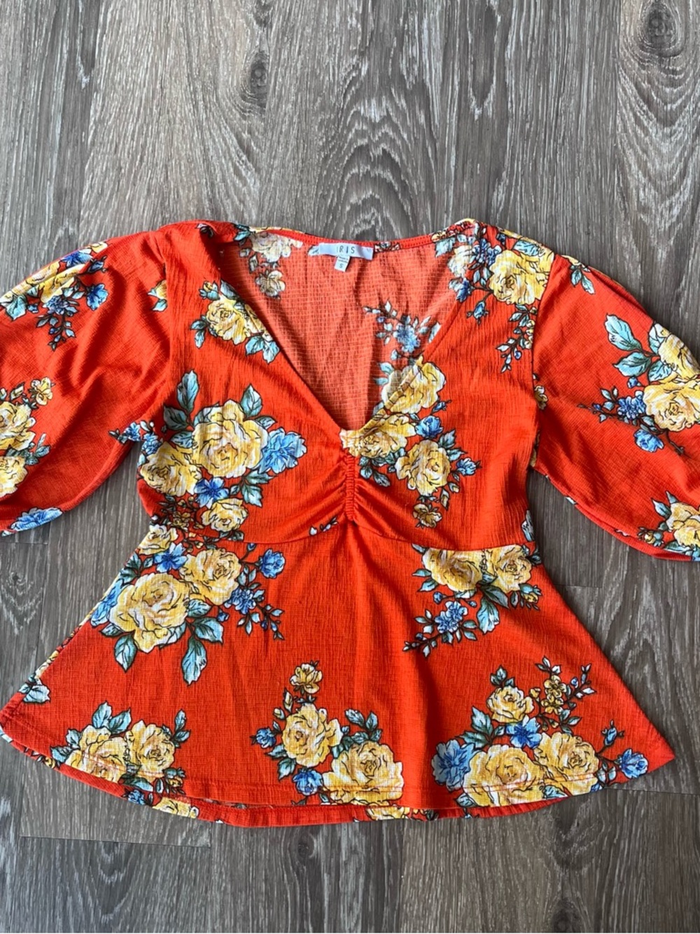iris Orange Floral V-Neck Peplum Top with Yellow & Blue Flowers